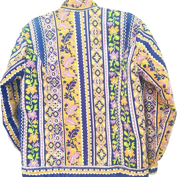 Vintage 70's Reversible Bright Orange and Purple Floral Print Jean Jacket Large - Picture 2 of 10